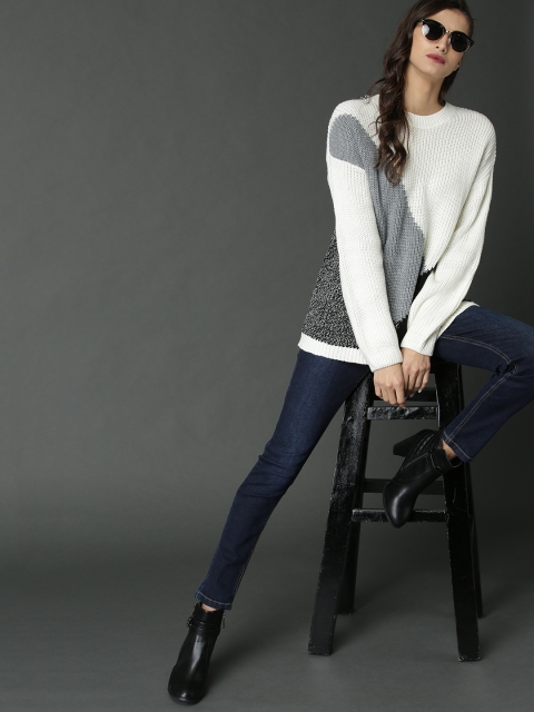 

Roadster Women Off-White & Grey Colourblocked Pullover