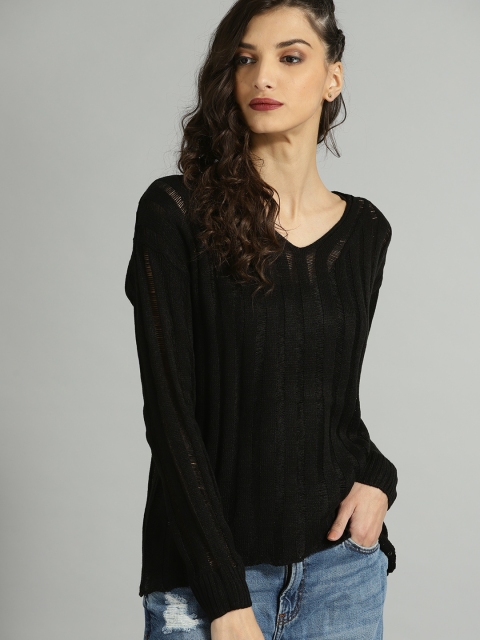 

Roadster Women Black Open-Knit Ribbed Sweater