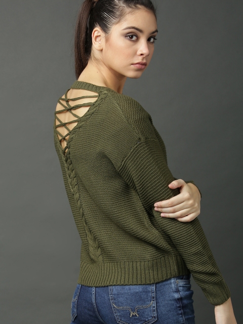 

Roadster Women Olive Green Solid Pullover