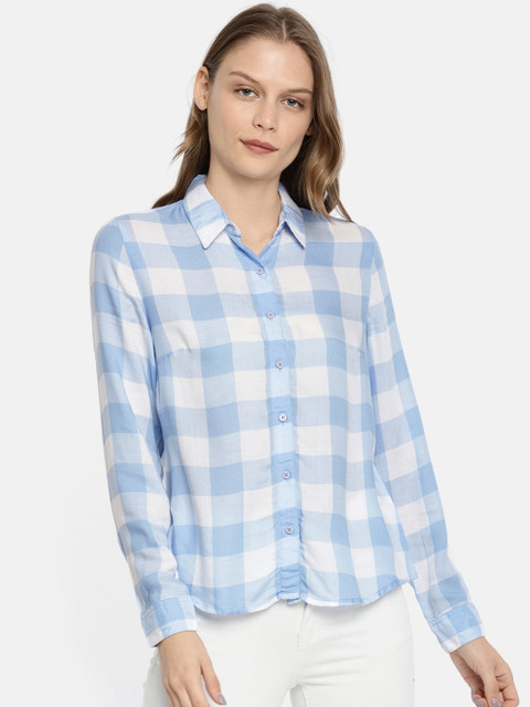 

Pepe Jeans Women Blue & White Regular Fit Checked Casual Shirt