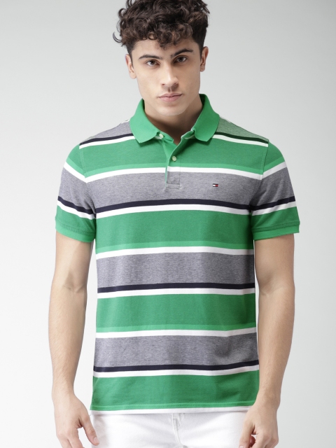 

Tommy Hilfiger Men Green & White Striped Polo Collar T-shirt