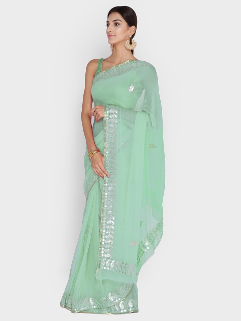 

Chhabra 555 Sea Green Embroidered Poly Chiffon Saree
