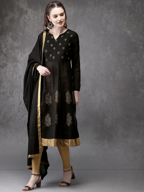 

Anouk Women Black & Gold-Coloured Printed Kurta with Churidar & Dupatta