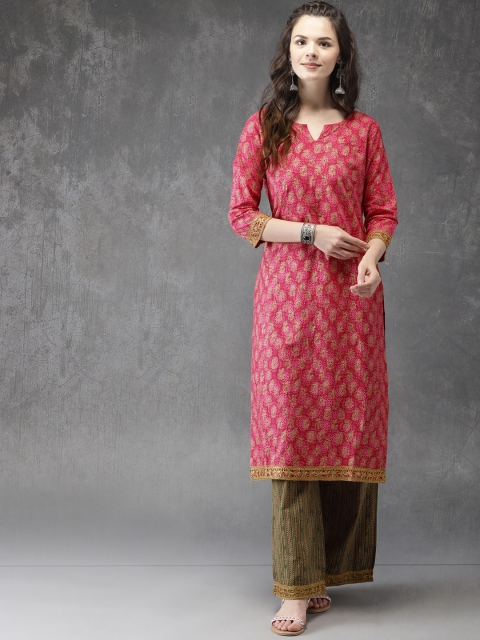 

Anouk Women Pink & Green Foil Printed Straight Kurta with Trousers