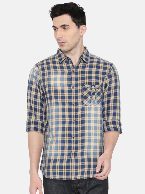 

SPYKAR Men Navy Blue & Yellow Slim Fit Checked Casual Shirt