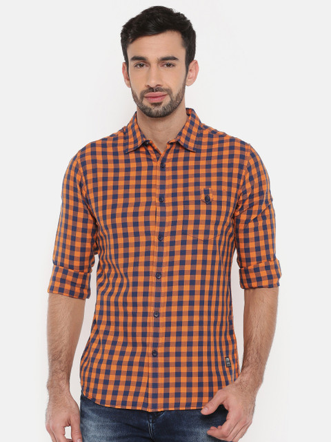 

SPYKAR Men Orange & Navy Regular Fit Checked Casual Shirt