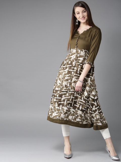 

HERE&NOW Women Olive Green & White Printed A-Line Kurta
