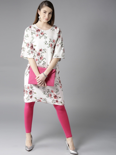 

HERE&NOW Women White & Pink Floral Print Straight Kurta