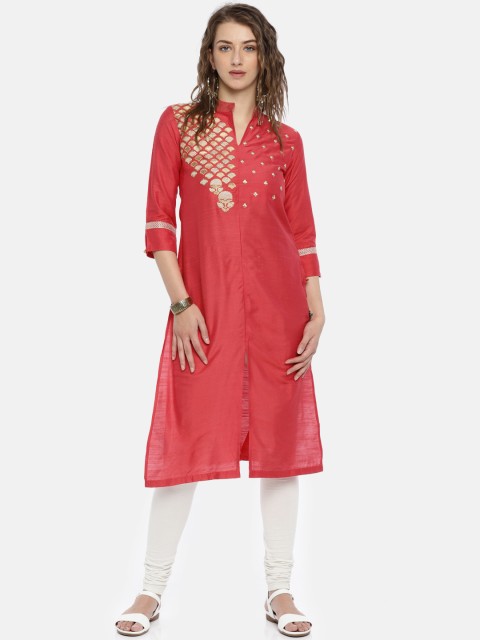 

Span Women Pink Embroidered Straight Kurta