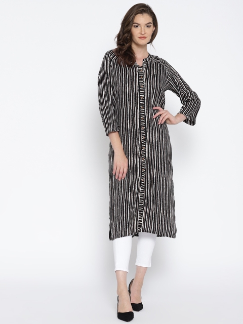 

Global Desi Women Black & Off-White Striped Straight Kurta
