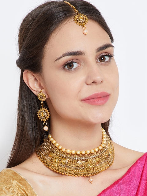 

ZeroKaata Gold-Toned & White Kundan and Pearl Jewellery Set