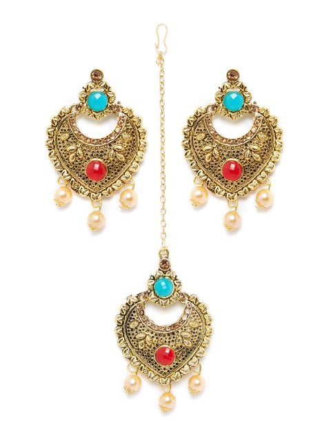 

ZeroKaata Gold-Toned, Blue & Red Stone Studded Jewellery set