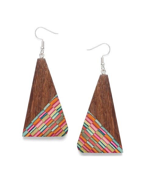

ZeroKaata Brown & Multicoloured Contemporary Wooden Handmade Drop Earrings