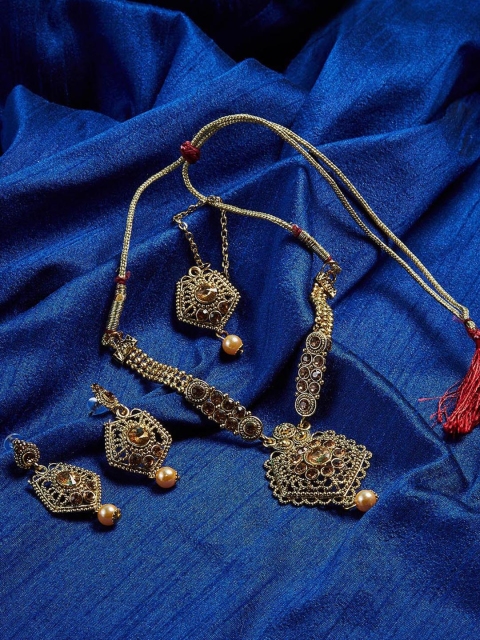 

ZeroKaata Rose Gold Stone Embellished Golden Necklace Jewellery Set