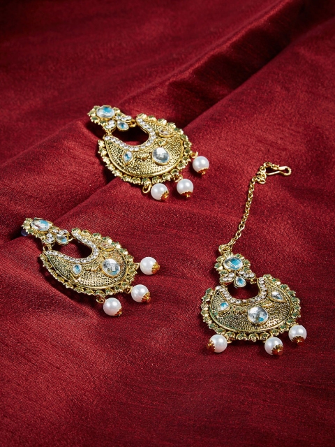 

ZeroKaata Elegant Gold-Toned Pearl Earrings and Maang Tika Jewellery Set