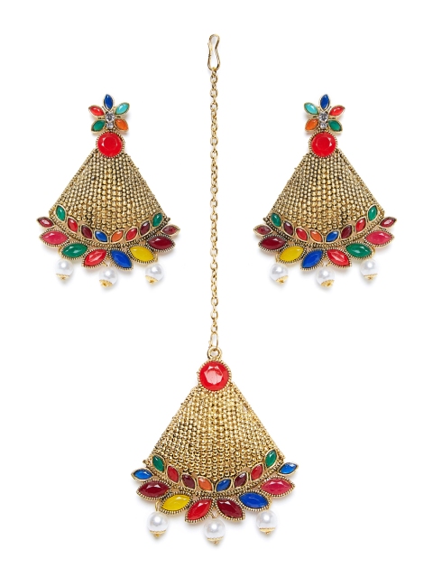

ZeroKaata Gold-Toned Multicoloured Stone-Studded Jewellery Set, Multi