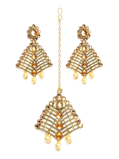

ZeroKaata Gold-Toned Peach & Cream Stone-Studded Pearl Drop Jewellery Set
