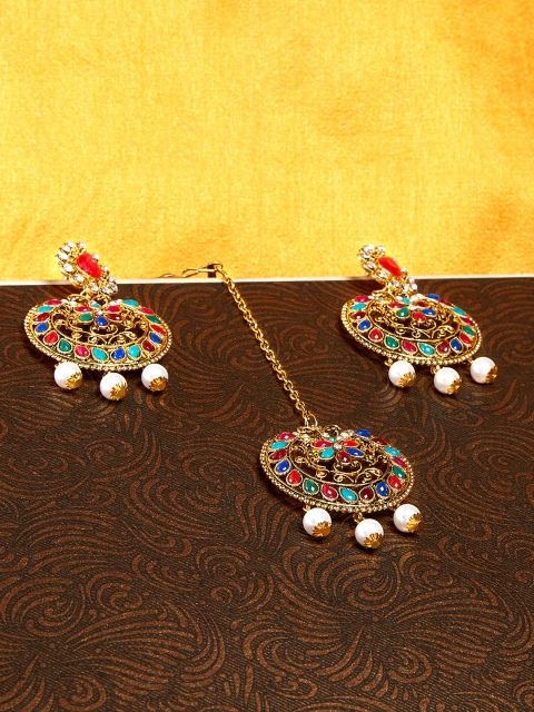 

ZeroKaata Gold-Toned Multicoloured Stone-Studded Jewellery Set, Multi
