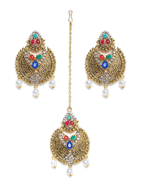 

ZeroKaata Gold-Toned Multicoloured Stone-Studded Jewellery Set, Multi