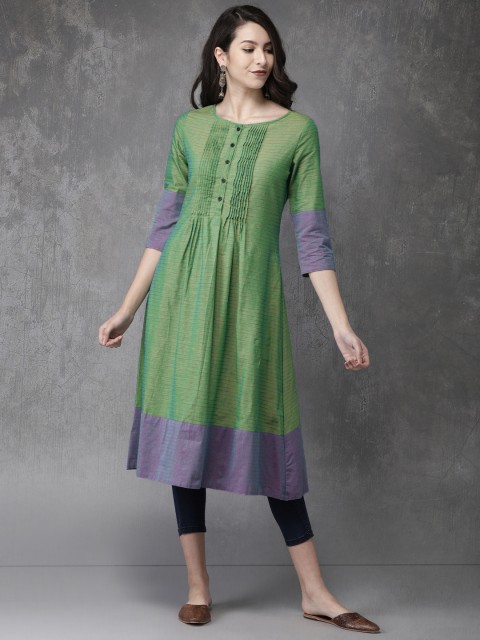 

Anouk Women Green Striped Mangalgiri A-Line Kurta