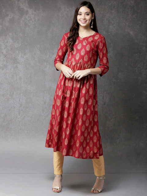 

Anouk Women Red & Beige Printed Kurta with Trousers