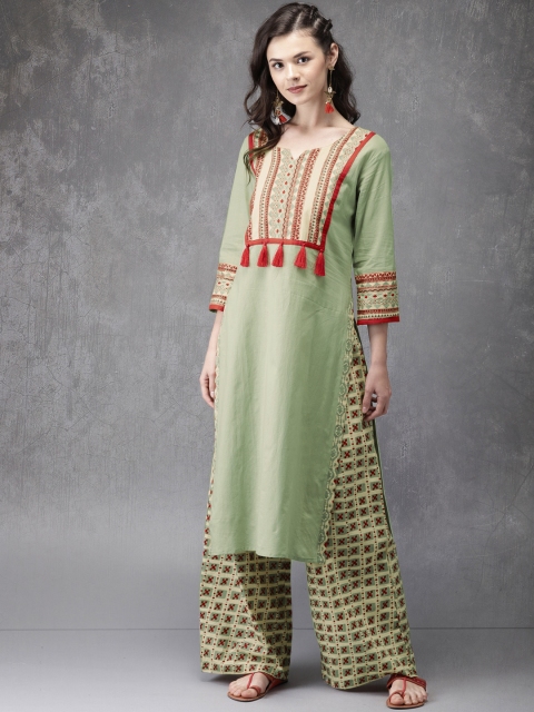 

Anouk Women Green & Beige Yoke Design Bagru Print Kurta with Palazzos