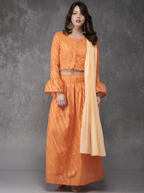 

Anouk Orange & Gold-Toned Striped Ready to Wear Lehenga & Blouse with Dupatta