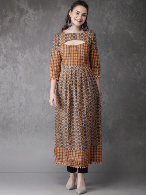 

Anouk Women Orange & Navy Blue Printed A-Line Kurta