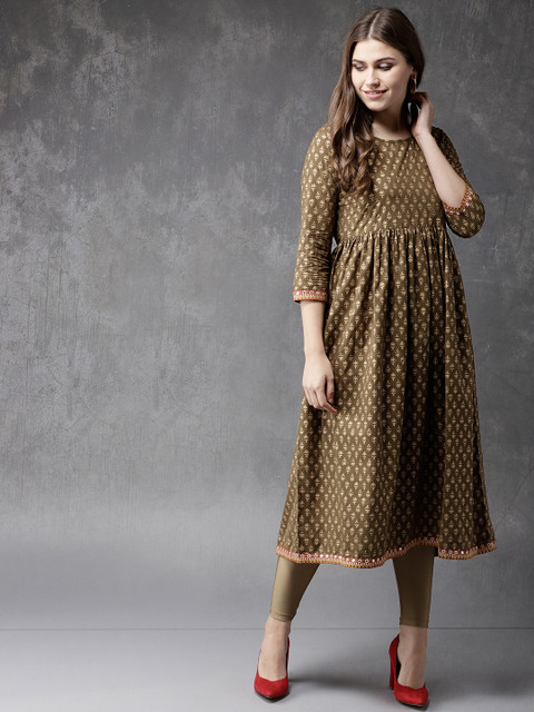 

Anouk Women Olive Green & Golden Printed A-Line Kurta