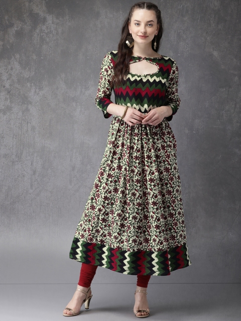 

Anouk Women Off-White & Green Printed Anarkali Kurta