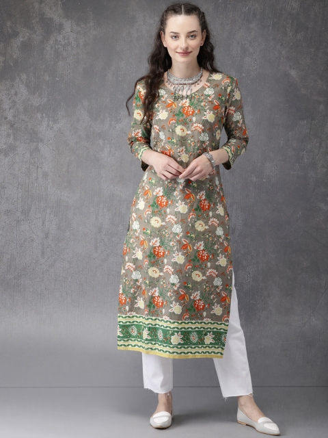 

Anouk Women Grey & Orange Floral Print Straight Kurta