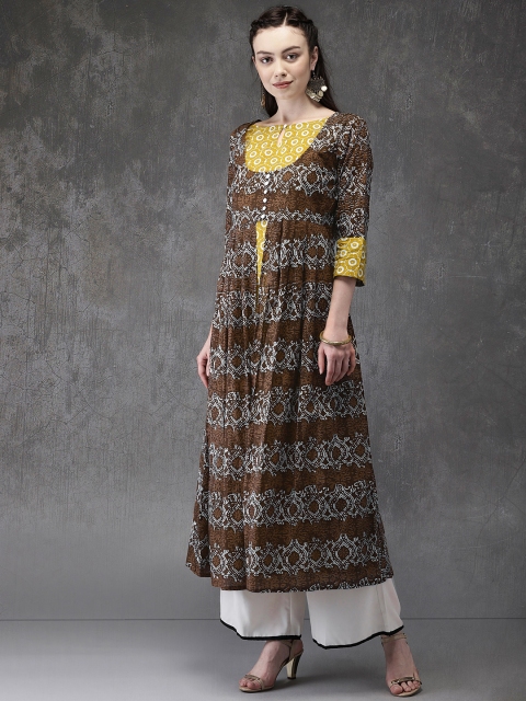 

Anouk Women Brown & Mustard Yellow Ethnic Printed A-Line Kurta