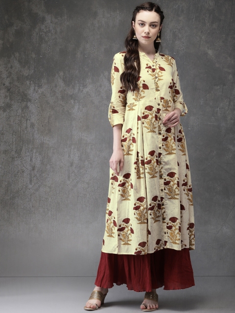 

Anouk Women Cream-Coloured & Maroon Floral Print A-Line Kurta