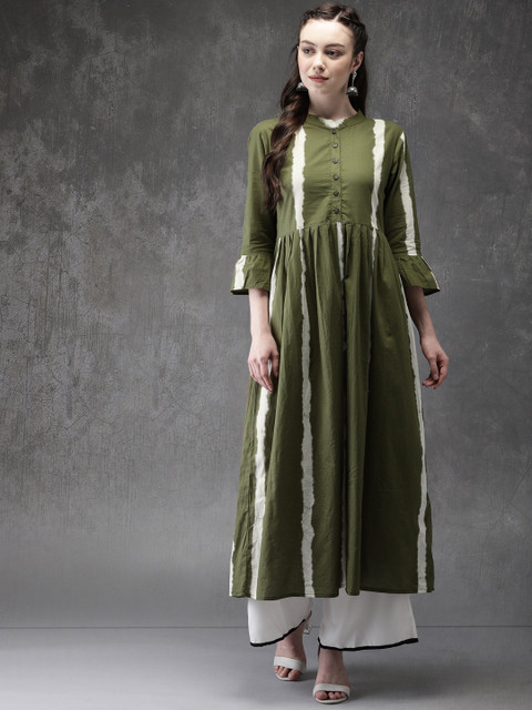 

Anouk Women Olive Green & Off-White Striped A-Line Kurta