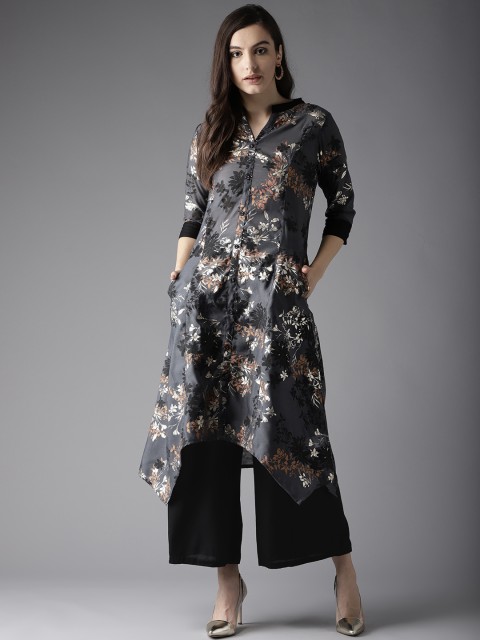 

HERE&NOW Women Charcoal Grey & Black Printed Kurta with Palazzos
