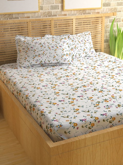 

Story@home White & Mustard Floral Flat 186 TC Cotton 1 Queen Bedsheet with 2 Pillow Covers