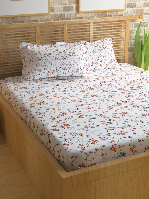 

Story@home White & Pink Floral Flat 186 TC Cotton 1 Queen Bedsheet with 2 Pillow Covers