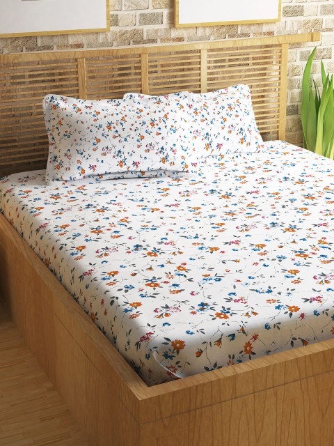 

Story@home White & Blue Floral Flat 186 TC Cotton 1 Queen Bedsheet with 2 Pillow Covers