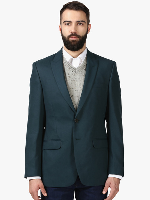 

Raymond Men Teal Green Solid Single-Breasted Formal Blazer