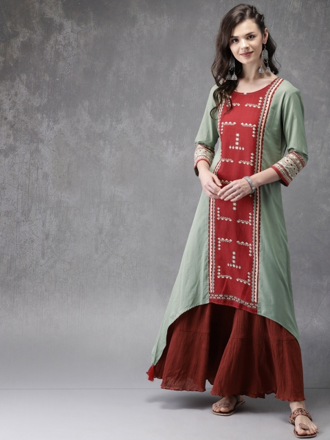

Anouk Women Green & Rust Red Bagru Print Asymmetric A-Line Kurta