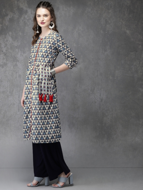 

Anouk Women Off-White & Blue Bagru Print A-Line Kurta