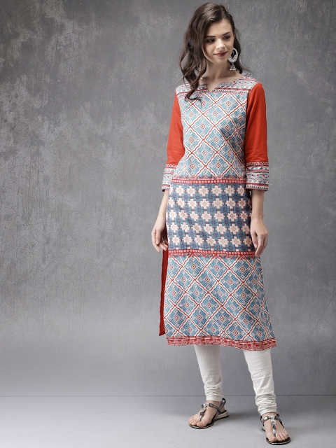 

Anouk Women Blue & Rust Red Bagru Print A-Line Kurta