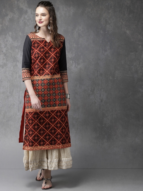

Anouk Women Maroon & Black Bagru Print A-Line Kurta