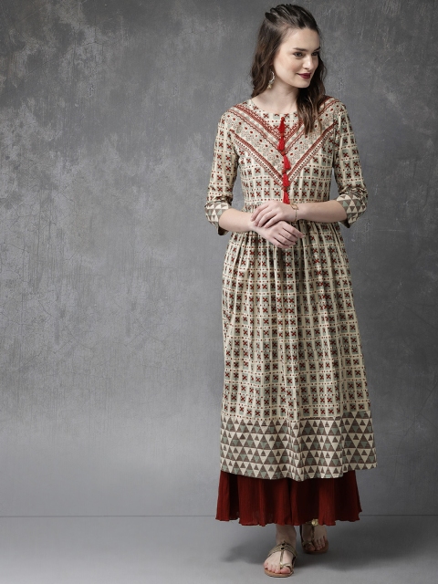 

Anouk Women Beige & Grey Bagru Print A-Line Kurta