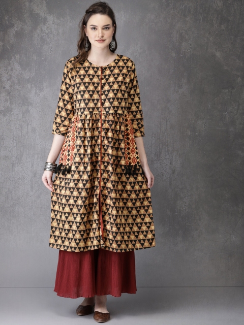 

Anouk Women Beige & Black Bagru Printed A-Line Kurta
