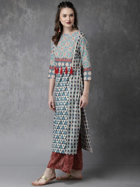 

Anouk Women Off-White & Blue Bagru Print Straight Kurta