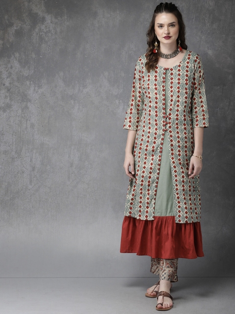 

Anouk Women Beige & Green Bagru Print A-Line Layered Kurta