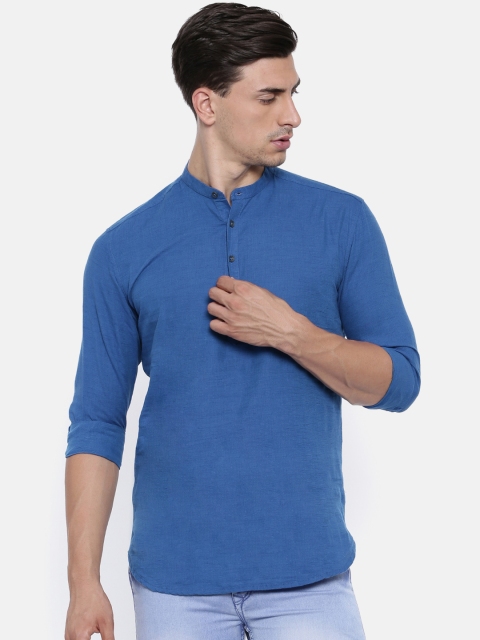 

British Club Men Blue Solid A-Line Short Kurta