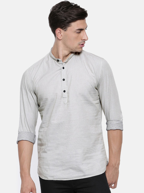 

British Club Men Beige Woven Design A-Line Short Kurta