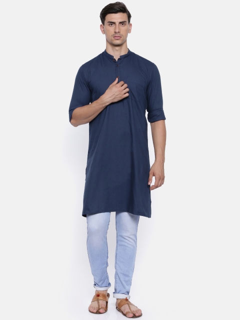 

British Club Men Navy Blue Woven Design Straight Kurta